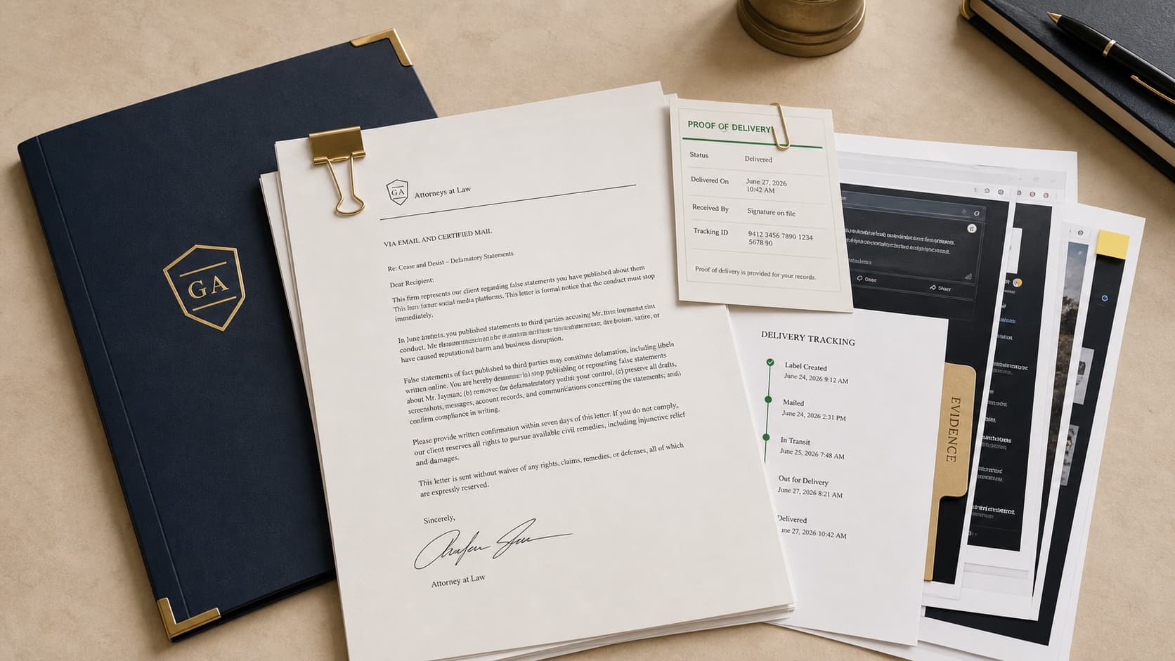 A delivered proof packet with tracking and signature confirmation