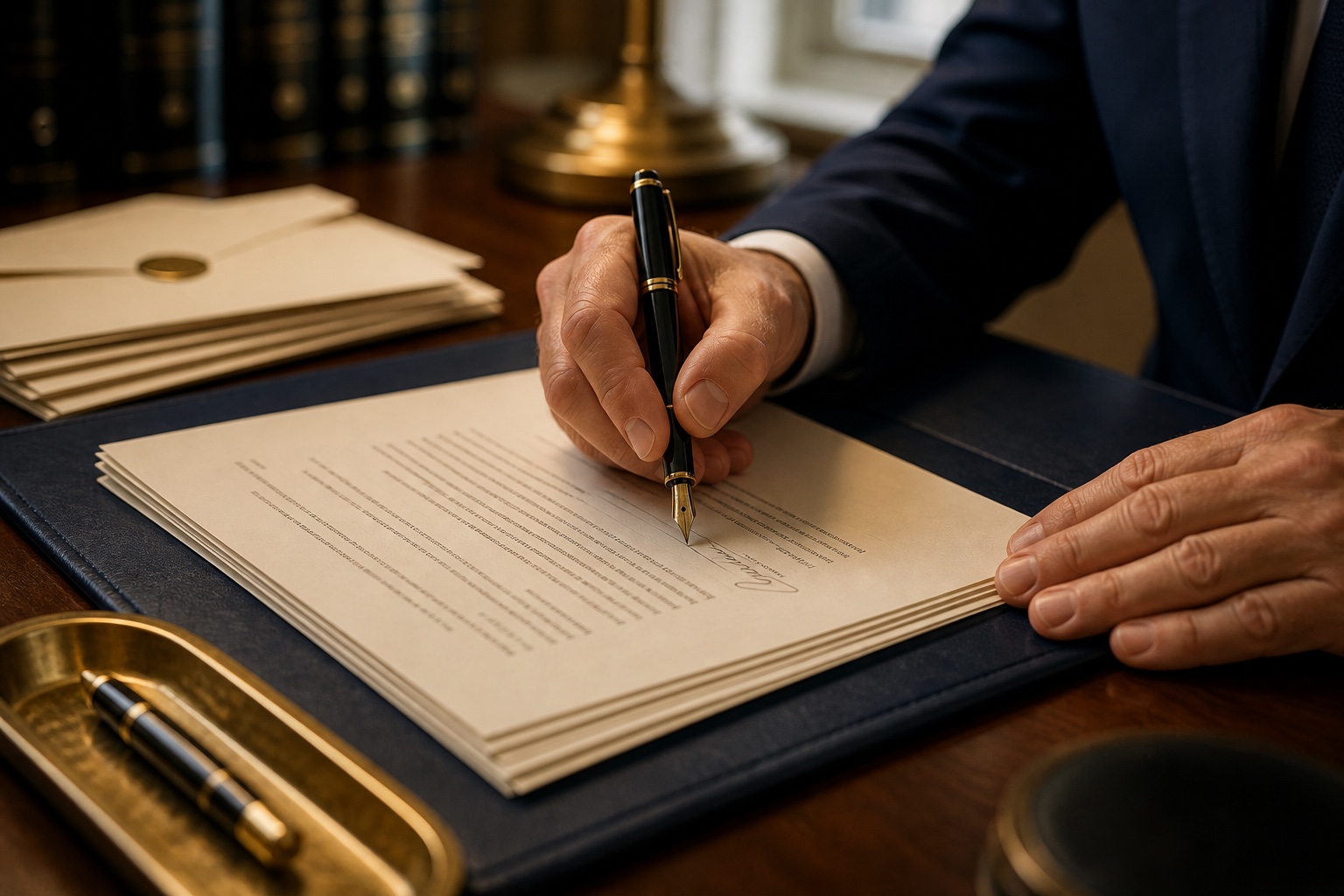An attorney signing a cease and desist letter in wet ink at a desk